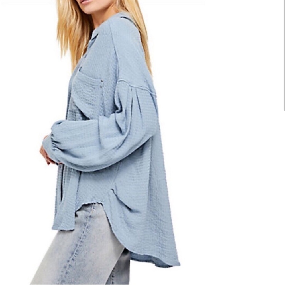 Free People Blue Solid Hidden Valley Button Down Long Sleeve Shirt